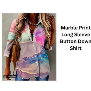 3-💼 Casual Marble Watercolor Print Long Sleeve Button Down Shirt.